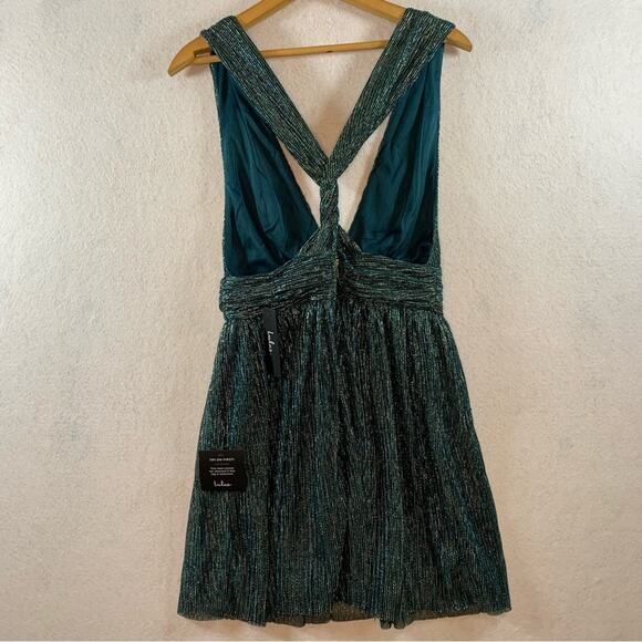 Lulus Halter Shimmer Mini Dress Sz M Teal Metallic Party Flare Deep V Skater - Picture 4 of 9